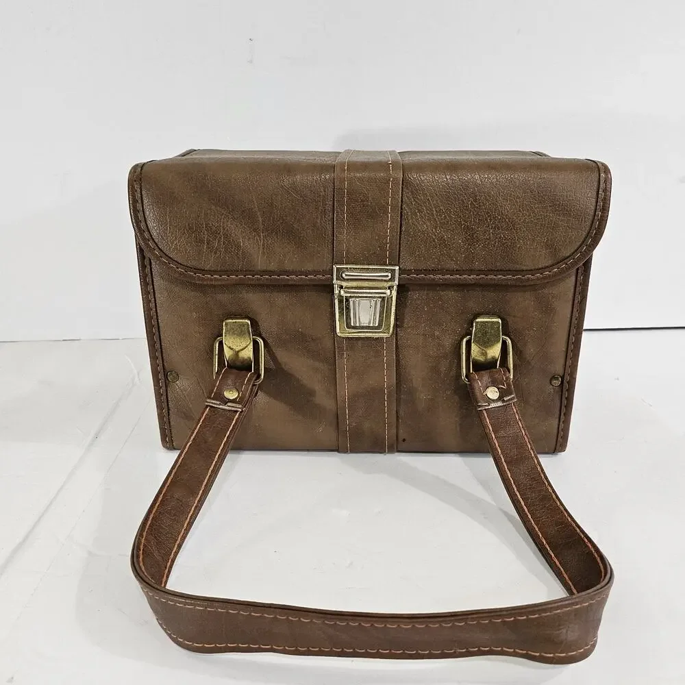 Vintage Brown Leather Camera Case Hard Shell Retro Travel Bag w/ Strap